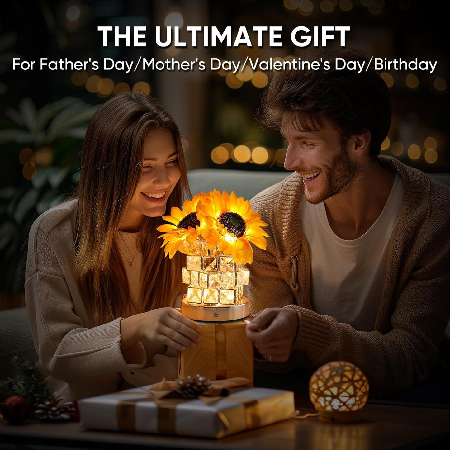 Sunflower Table Lamp, Glam Acrylic Crystal Sunflower Touch Lamp with 54 LED Lights, Yellow and Clear/Translucent, Cordless, Dimmable, Outdoor Use