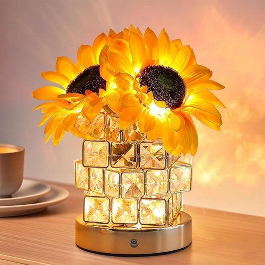 Sunflower Table Lamp, Glam Acrylic Crystal Sunflower Touch Lamp with 54 LED Lights, Yellow and Clear/Translucent, Cordless, Dimmable, Outdoor Use