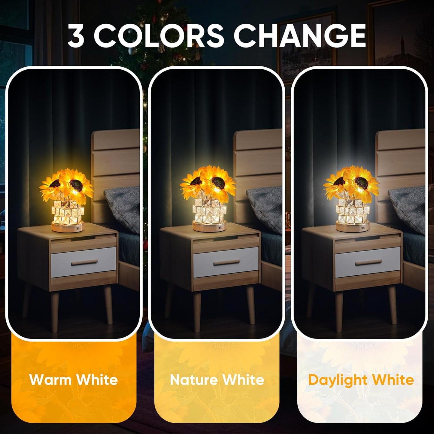 Sunflower Table Lamp, Glam Acrylic Crystal Sunflower Touch Lamp with 54 LED Lights, Yellow and Clear/Translucent, Cordless, Dimmable, Outdoor Use