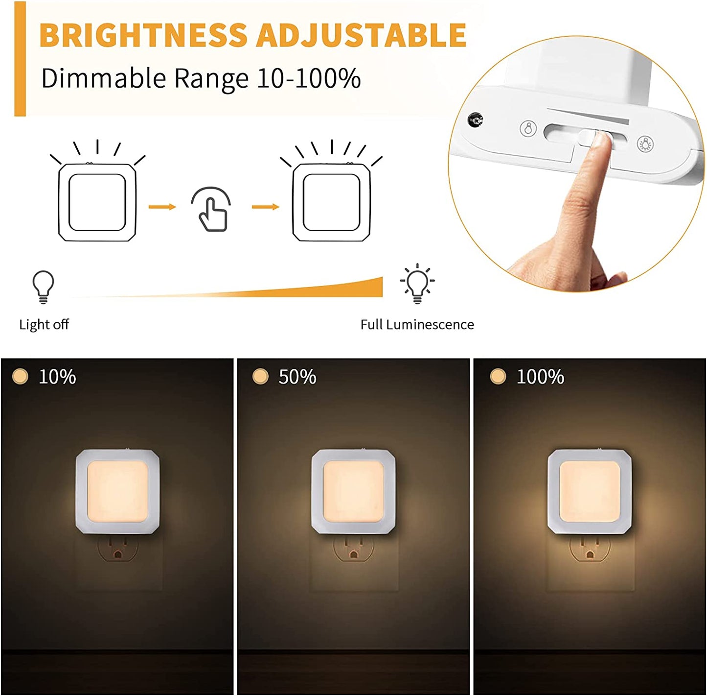 Square plug-in Dimmable Led Night Light with Auto Dusk to Dawn Sensor, Soft Warm White Nightlights for Hallway,Bedroom, Kids Room, Kitchen, Stairway, 2 Pack